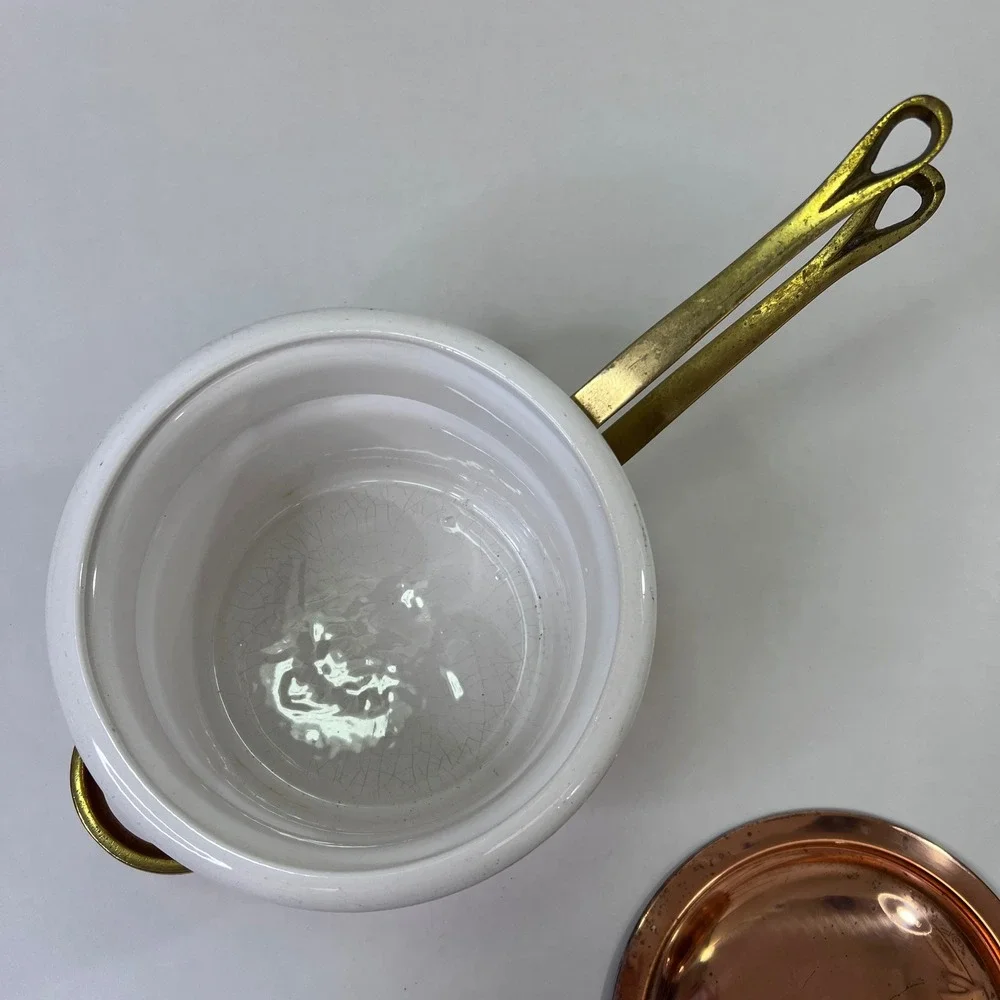 Vintage Copper Clad Double Boiler Porcelain Insert Brass Handles Outeiro 889